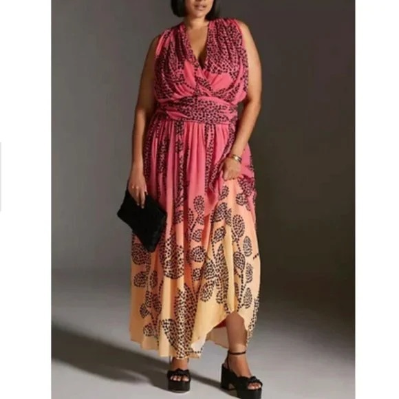 Anthropologie V-Neck Ombre Pink & Yellow Printed Chiffon Maxi Dress Sz L Lined - Picture 1 of 13